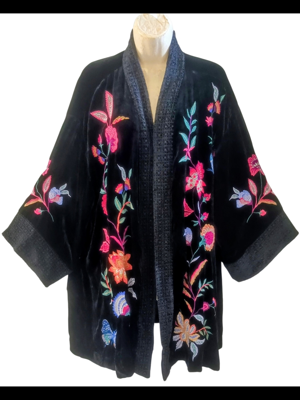 JOHNNY WAS SANDRA EMBROIDERED VELVET WIDE CUFF KIMONO BLACK SZ 2XL NWOT $395